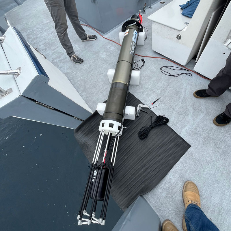 The Seatrec infiniTE&trade; float with directional acoustic sensor prior to deployment during the project&rsquo;s year one fieldwork. The float is powered using an ocean thermal energy conversion system (OTEC). At the heart of OTEC is a phase-changing material that undergoes a volume expansion over a 10&deg; C (50&deg; F) temperature range, which drives a turbine that can then recharge the float batteries, thereby providing unlimited power for float operations.